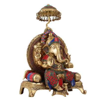 Pure Brass Ganapati Statue with Natural Stones – 18 Inches Tall