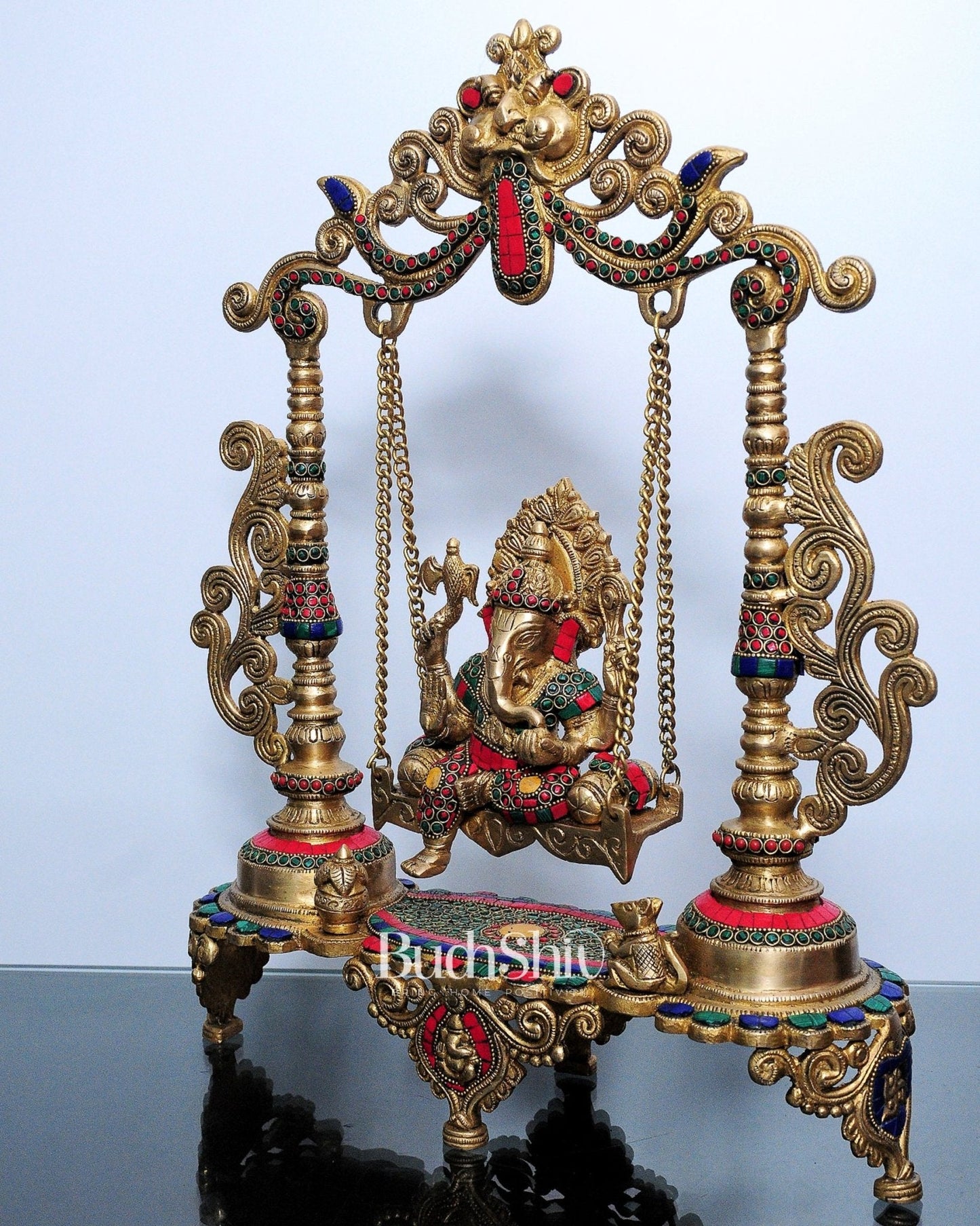 Kirtimukha Ganesha Swing - Superfine Brass, Meenakari Stonework, Handcrafted - 20 inches