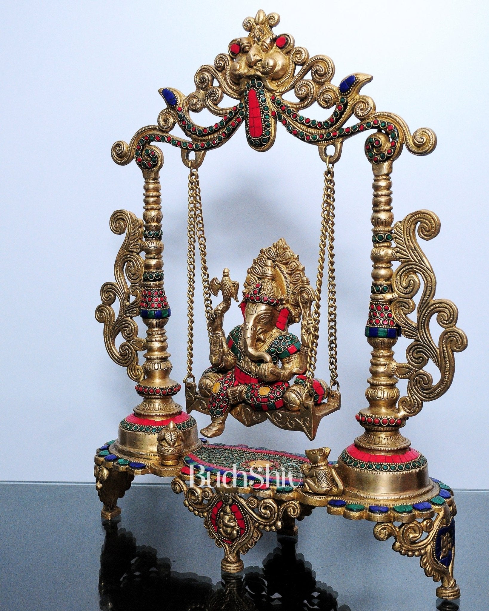 Kirtimukha Ganesha Swing - Superfine Brass, Meenakari Stonework, Handcrafted - 20 inches