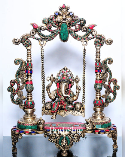 Handcrafted Kirtimukha Ganesha on a Swing with Stonework - Superfine Brass, 20" Height