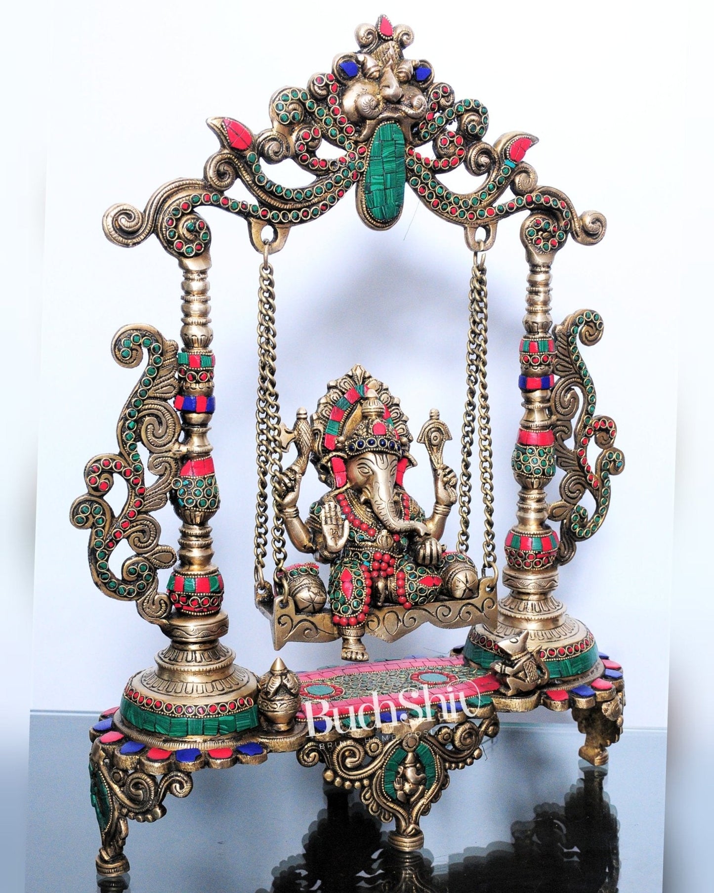 Handcrafted Kirtimukha Ganesha on a Swing with Stonework - Superfine Brass, 20" Height