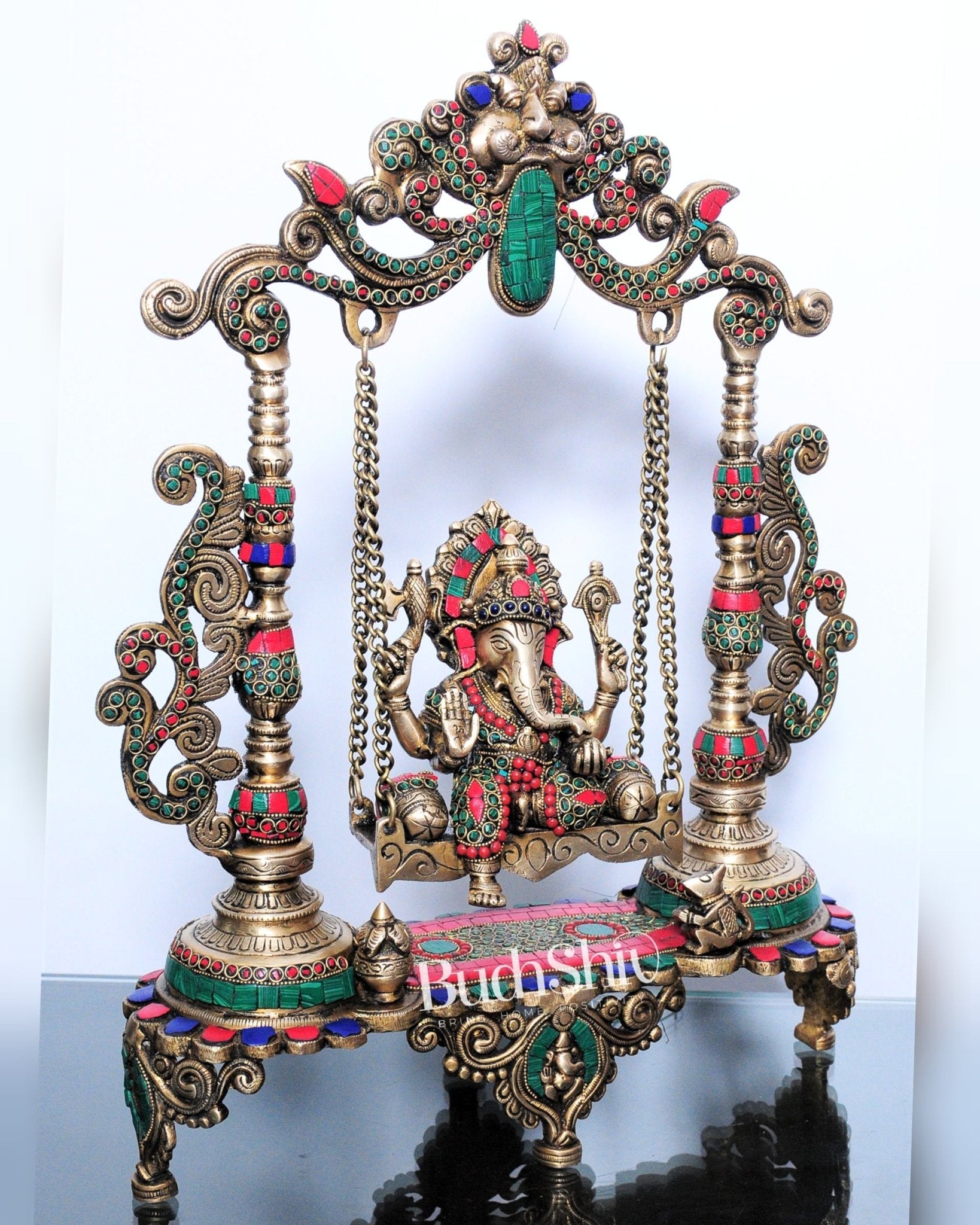 Handcrafted Kirtimukha Ganesha on a Swing with Stonework - Superfine Brass, 20" Height
