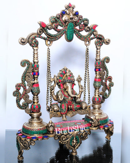 Handcrafted Kirtimukha Ganesha on a Swing with Stonework - Superfine Brass, 20" Height