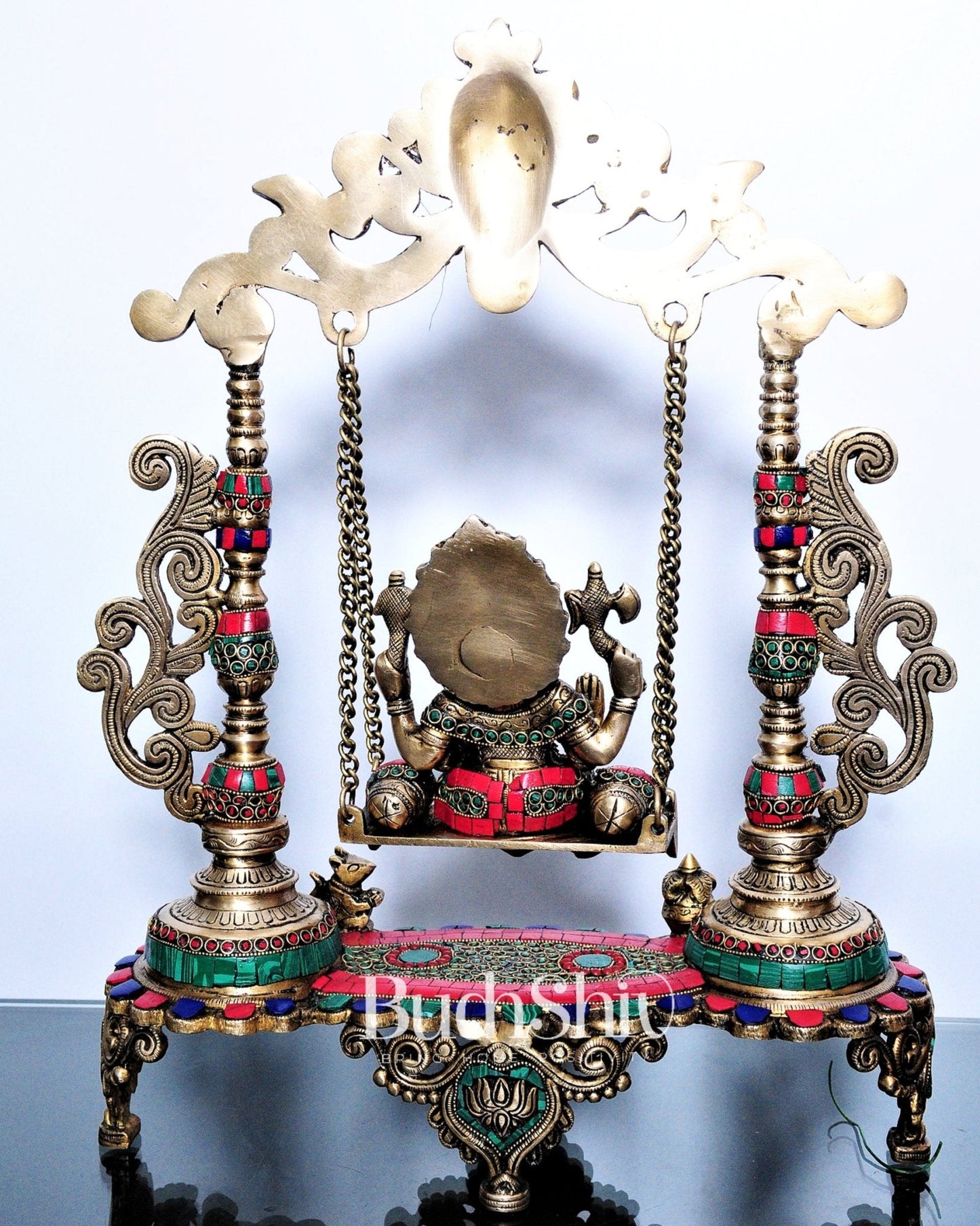 Handcrafted Kirtimukha Ganesha on a Swing with Stonework - Superfine Brass, 20" Height