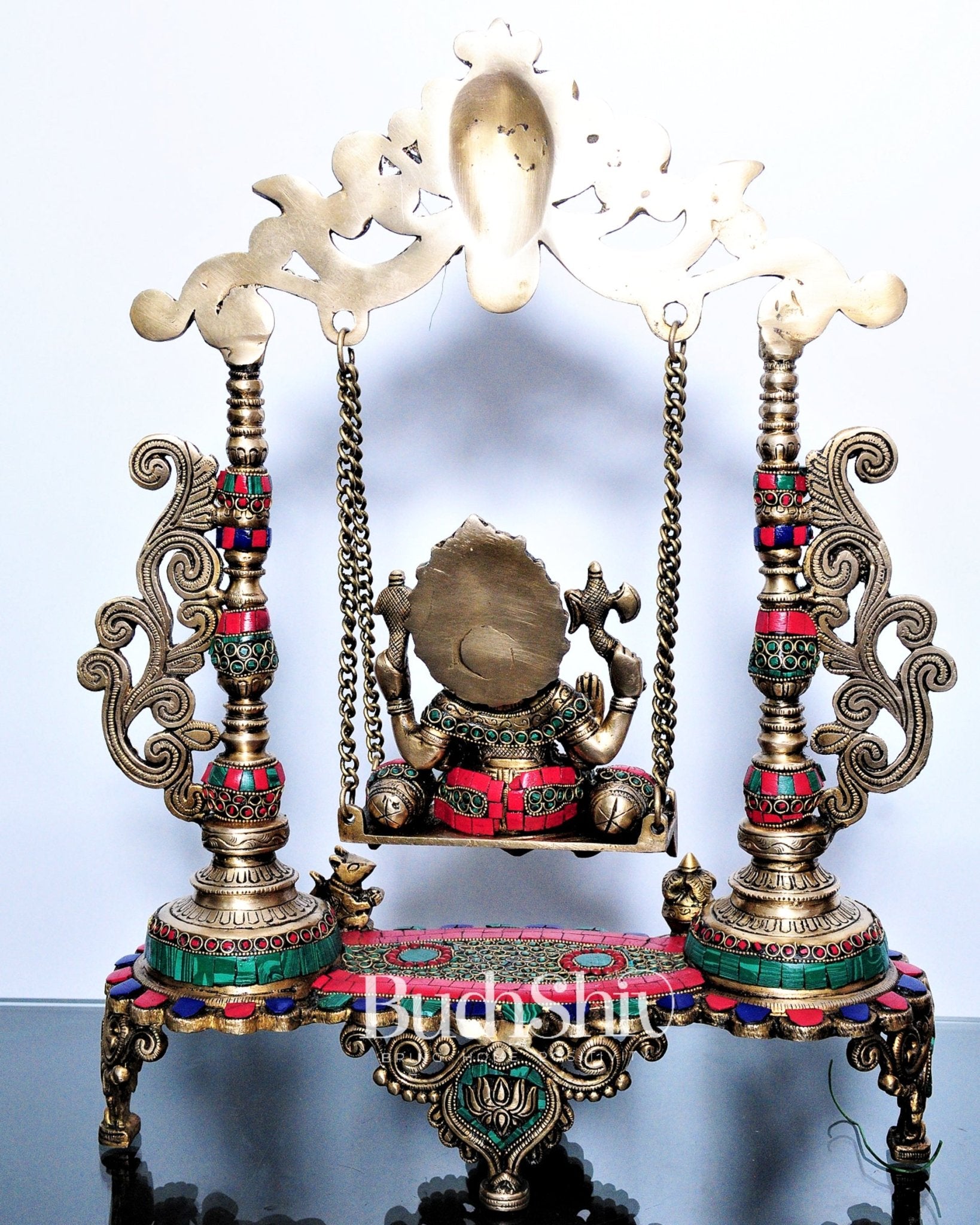 Handcrafted Kirtimukha Ganesha on a Swing with Stonework - Superfine Brass, 20" Height
