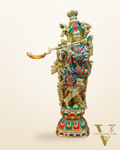 Krishna Brass Idol 29 inches | Unique Inlay Stonework | Handcrafted Brass idol