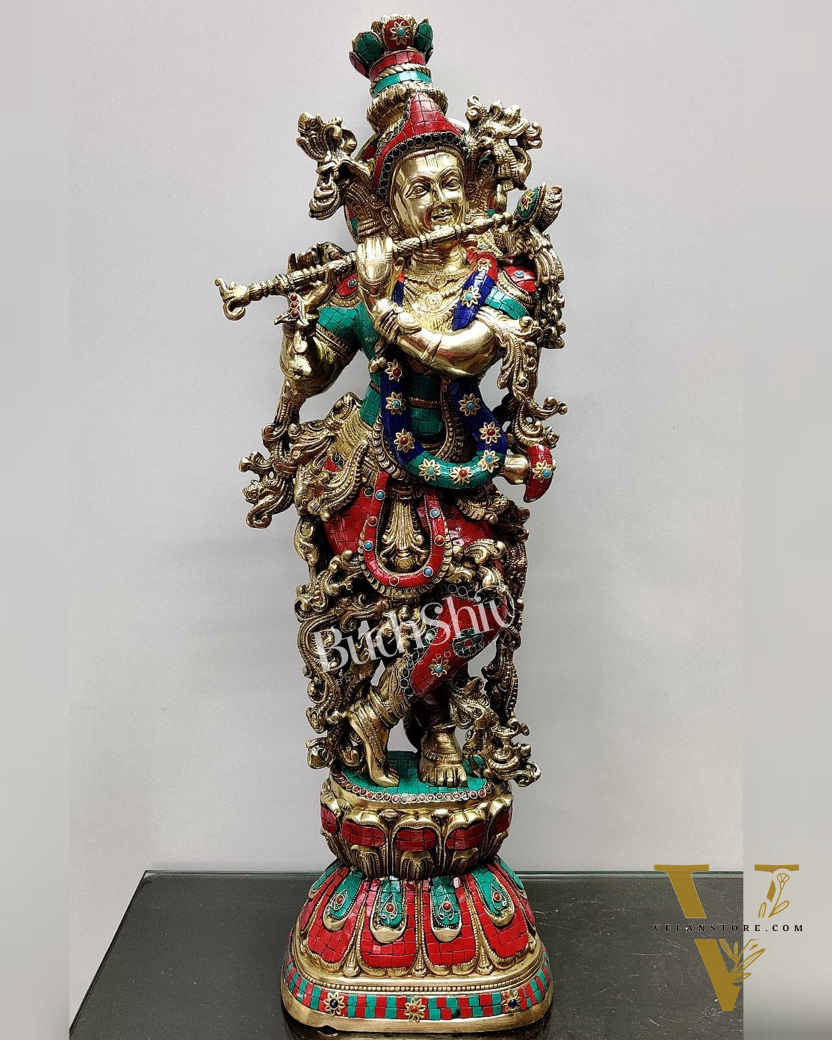 Krishna Brass Idol 29 inches | Unique Inlay Stonework | Handcrafted Brass idol