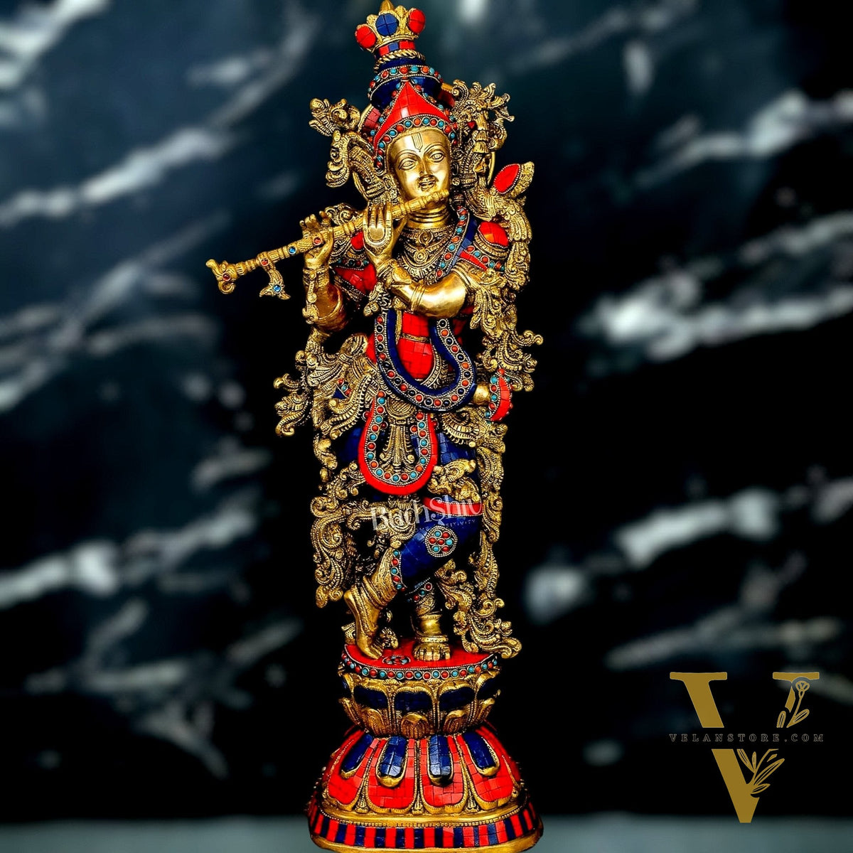Krishna Brass Idol 29 inches | Unique Inlay Stonework | Handcrafted Brass idol