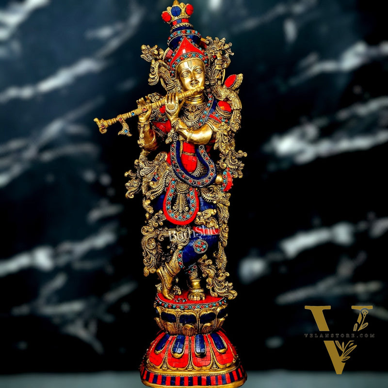 Krishna Brass Idol 29 inches | Unique Inlay Stonework | Handcrafted Brass idol