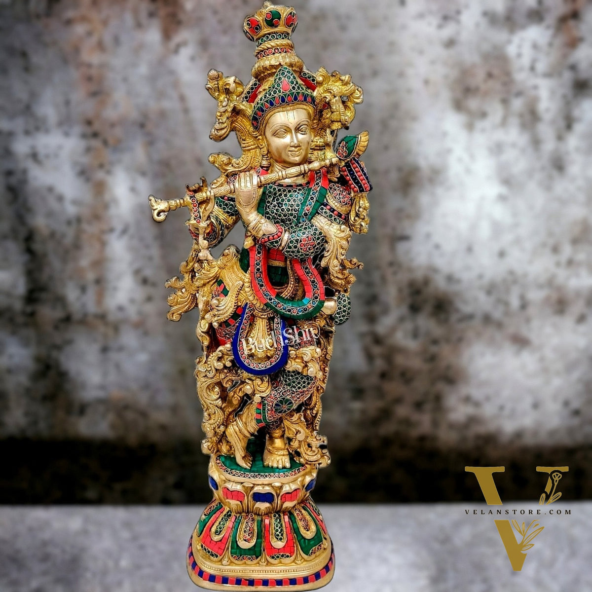 Krishna Brass Idol 29 inches | Unique Inlay Stonework | Handcrafted Brass idol