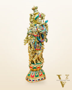 Krishna Brass Idol 29 inches | Unique Inlay Stonework | Handcrafted Brass idol