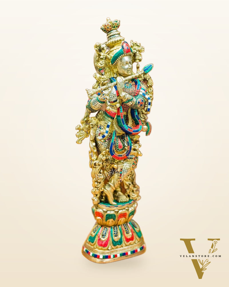 Krishna Brass Idol 29 inches | Unique Inlay Stonework | Handcrafted Brass idol