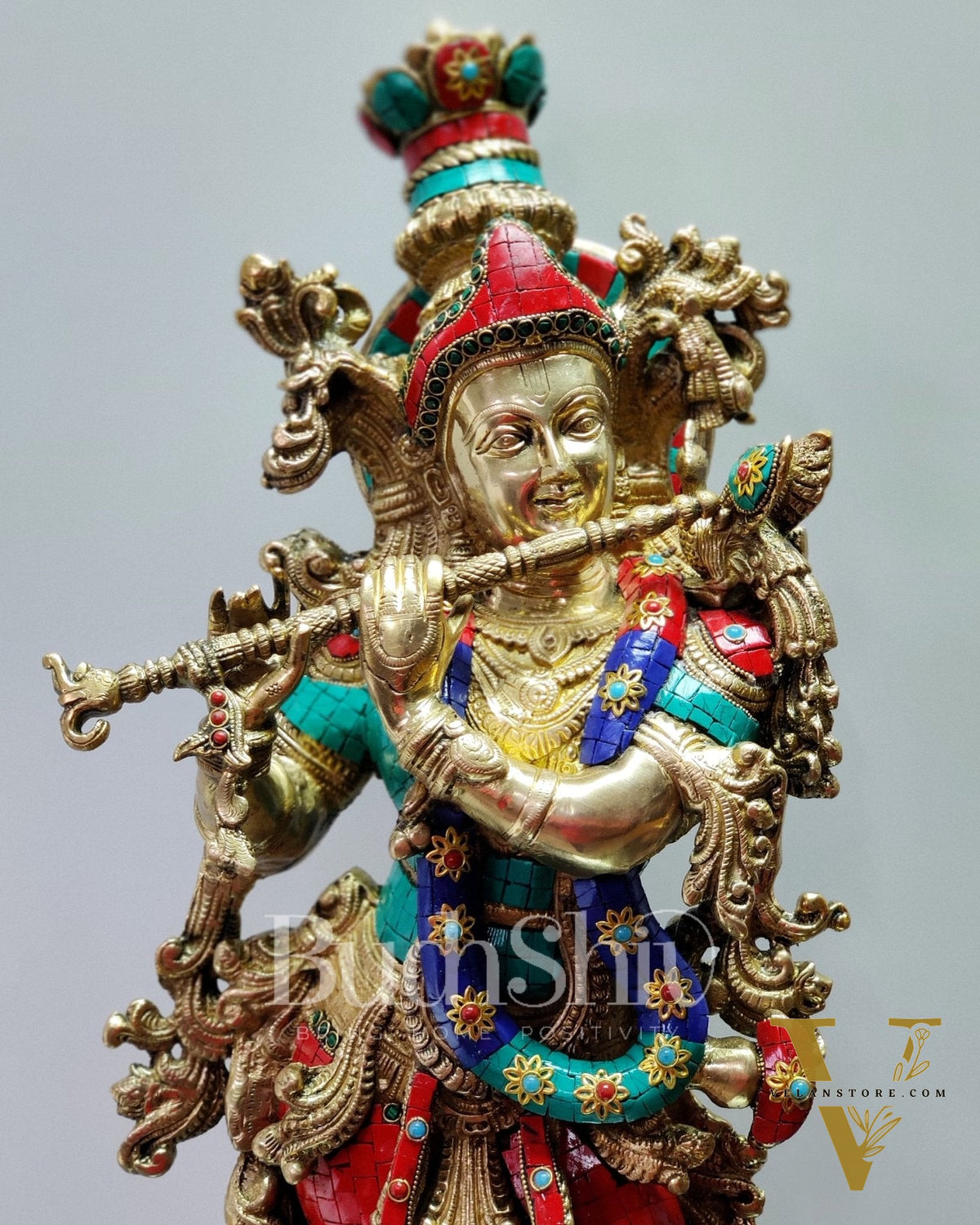 Krishna Brass Idol 29 inches | Unique Inlay Stonework | Handcrafted Brass idol