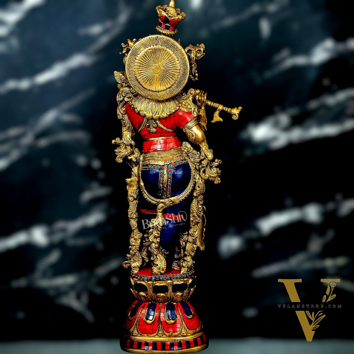 Krishna Brass Idol 29 inches | Unique Inlay Stonework | Handcrafted Brass idol