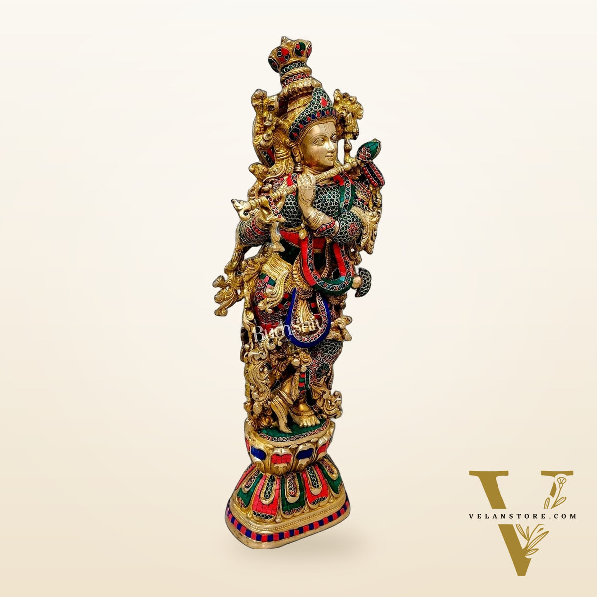 Krishna Brass Idol 29 inches | Unique Inlay Stonework | Handcrafted Brass idol