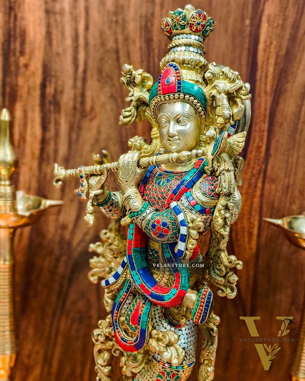 Krishna Brass Idol 29 inches | Unique Inlay Stonework | Handcrafted Brass idol