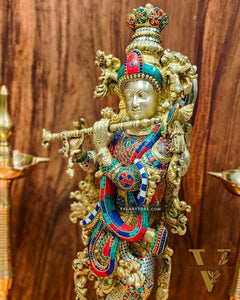 Krishna Brass Idol 29 inches | Unique Inlay Stonework | Handcrafted Brass idol
