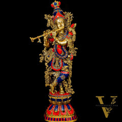 Krishna Brass Idol 29 inches | Unique Inlay Stonework | Handcrafted Brass idol