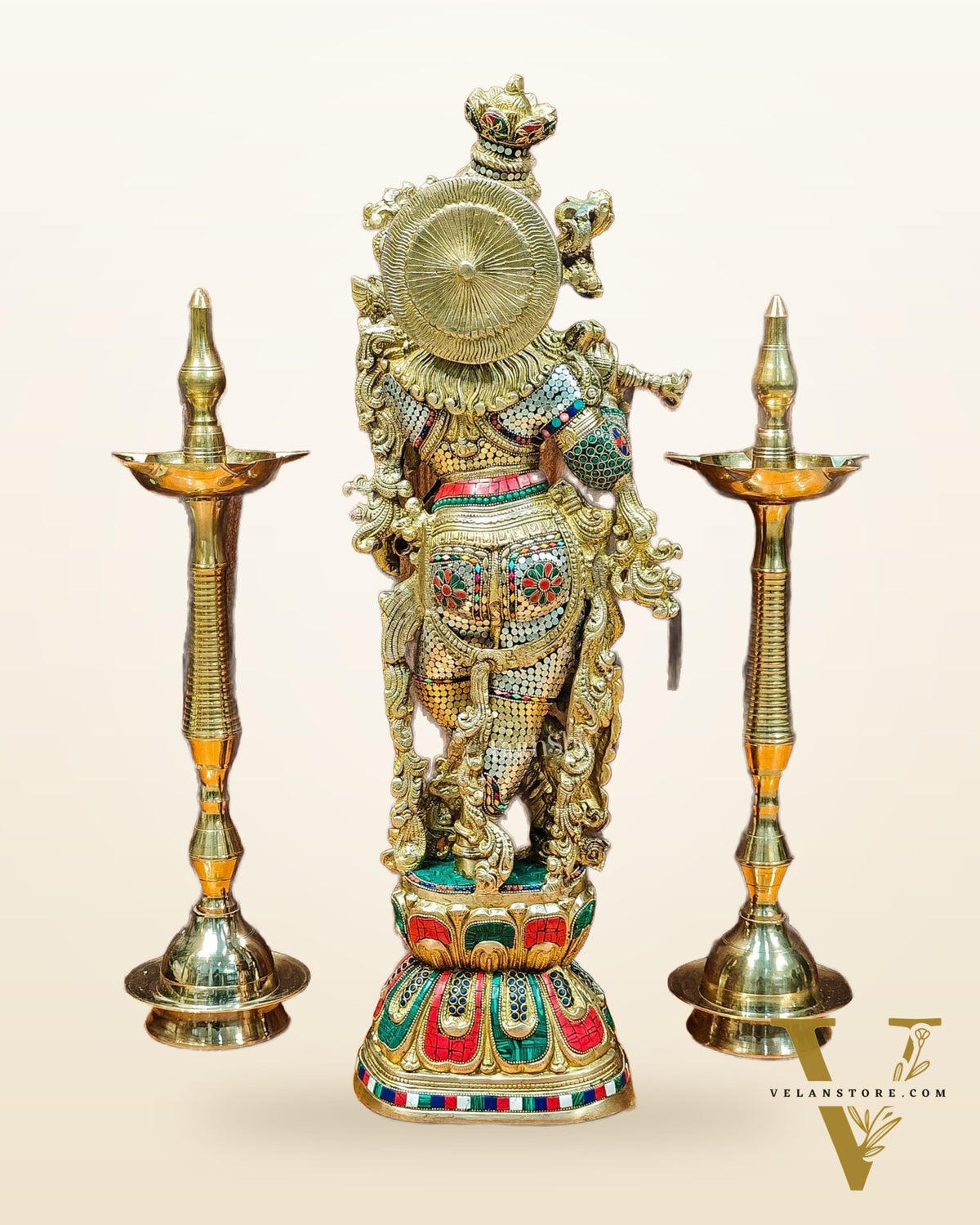 Krishna Brass Idol 29 inches | Unique Inlay Stonework | Handcrafted Brass idol