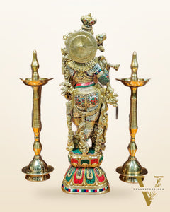 Krishna Brass Idol 29 inches | Unique Inlay Stonework | Handcrafted Brass idol