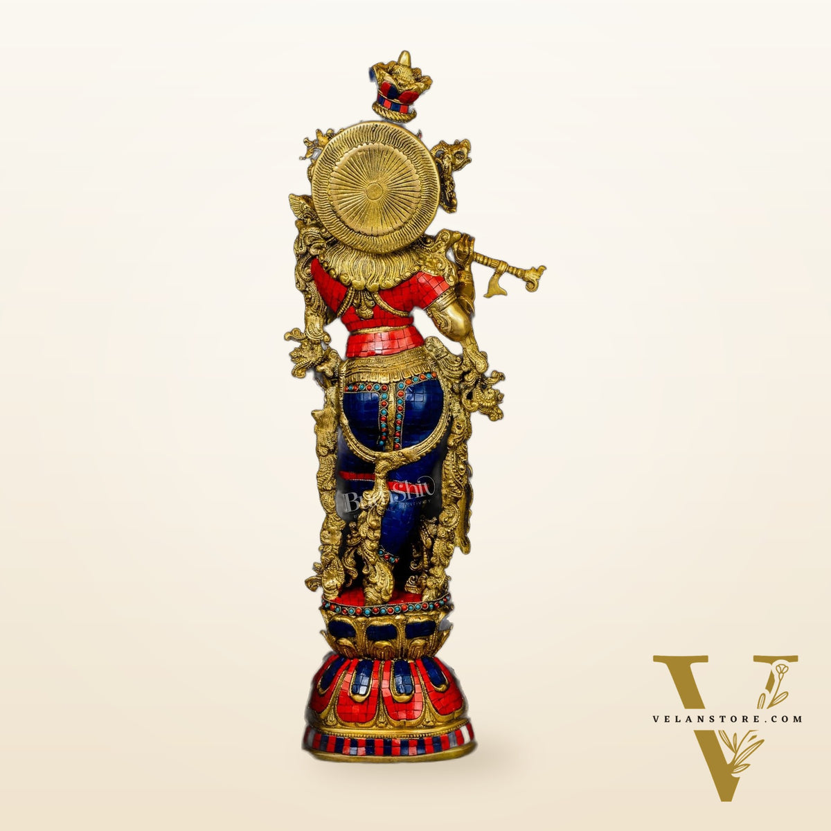 Krishna Brass Idol 29 inches | Unique Inlay Stonework | Handcrafted Brass idol