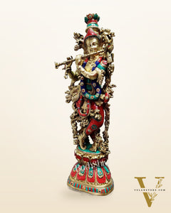 Krishna Brass Idol 29 inches | Unique Inlay Stonework | Handcrafted Brass idol