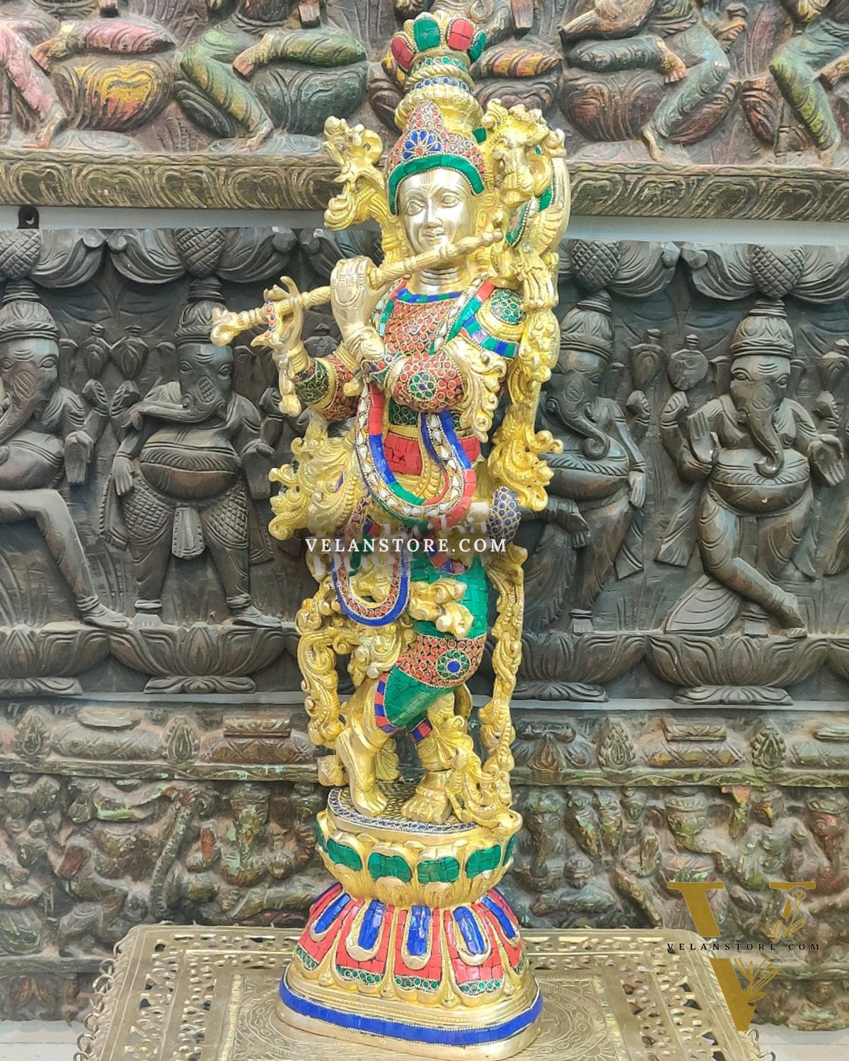 Krishna Brass Idol 29 inches | Unique Inlay Stonework | Handcrafted Brass idol