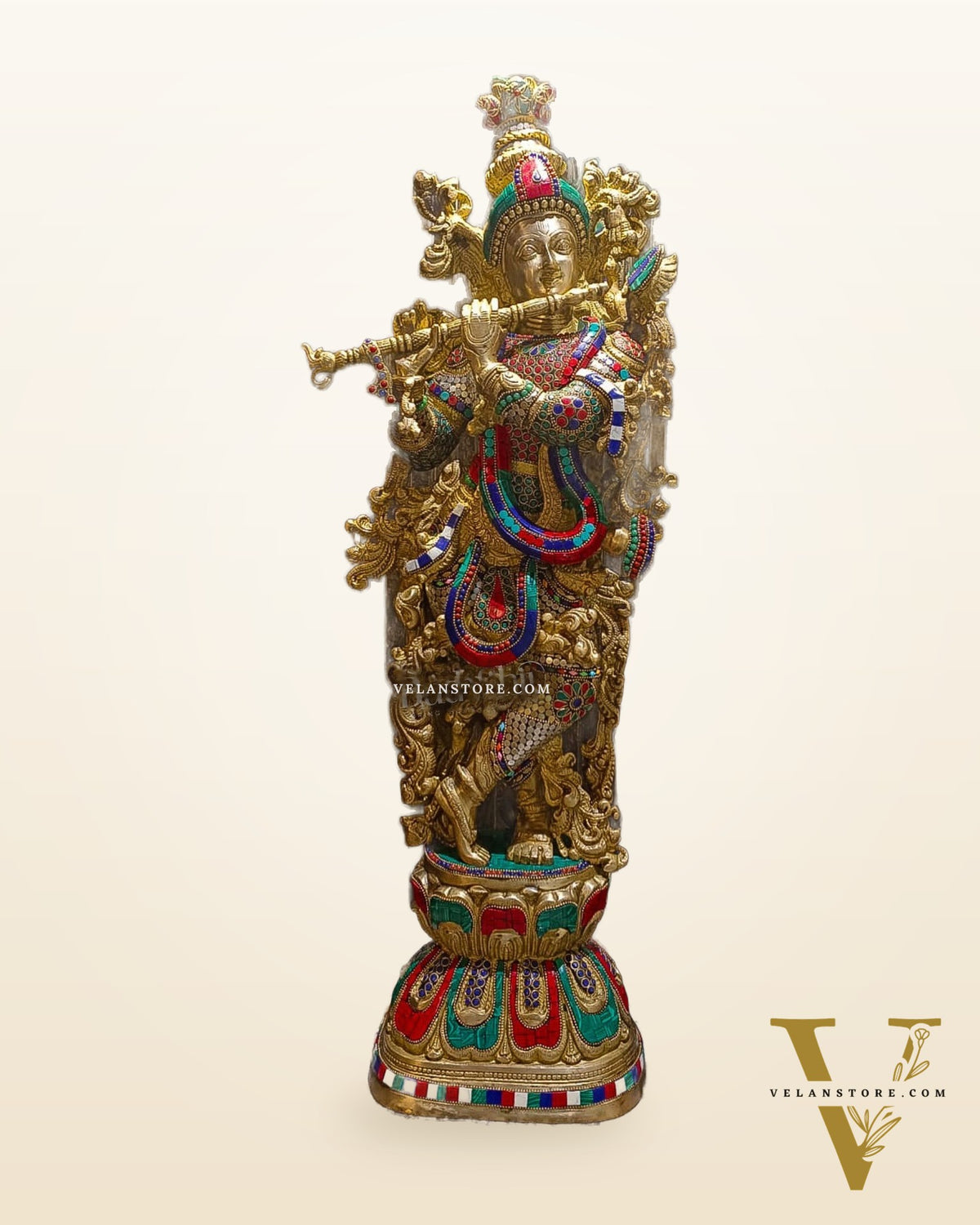 Krishna Brass Idol 29 inches | Unique Inlay Stonework | Handcrafted Brass idol