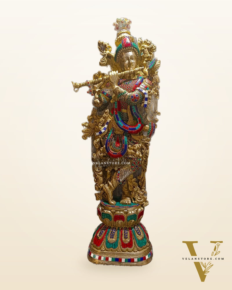 Krishna Brass Idol 29 inches | Unique Inlay Stonework | Handcrafted Brass idol
