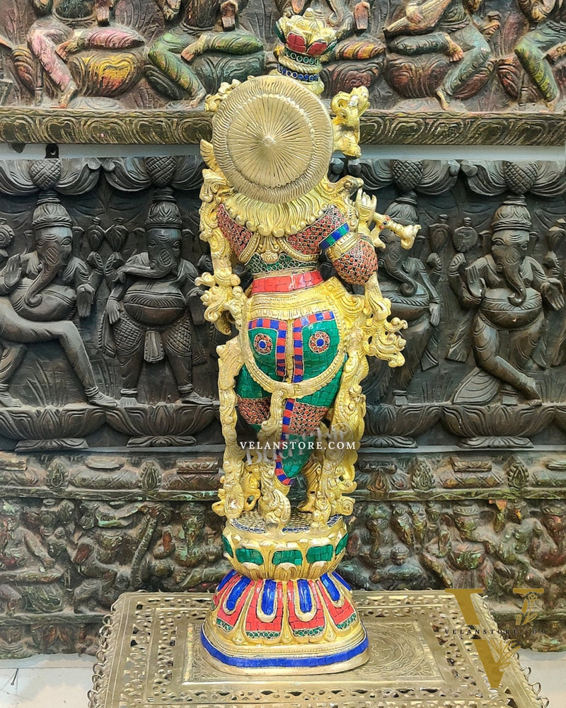 Krishna Brass Idol 29 inches | Unique Inlay Stonework | Handcrafted Brass idol