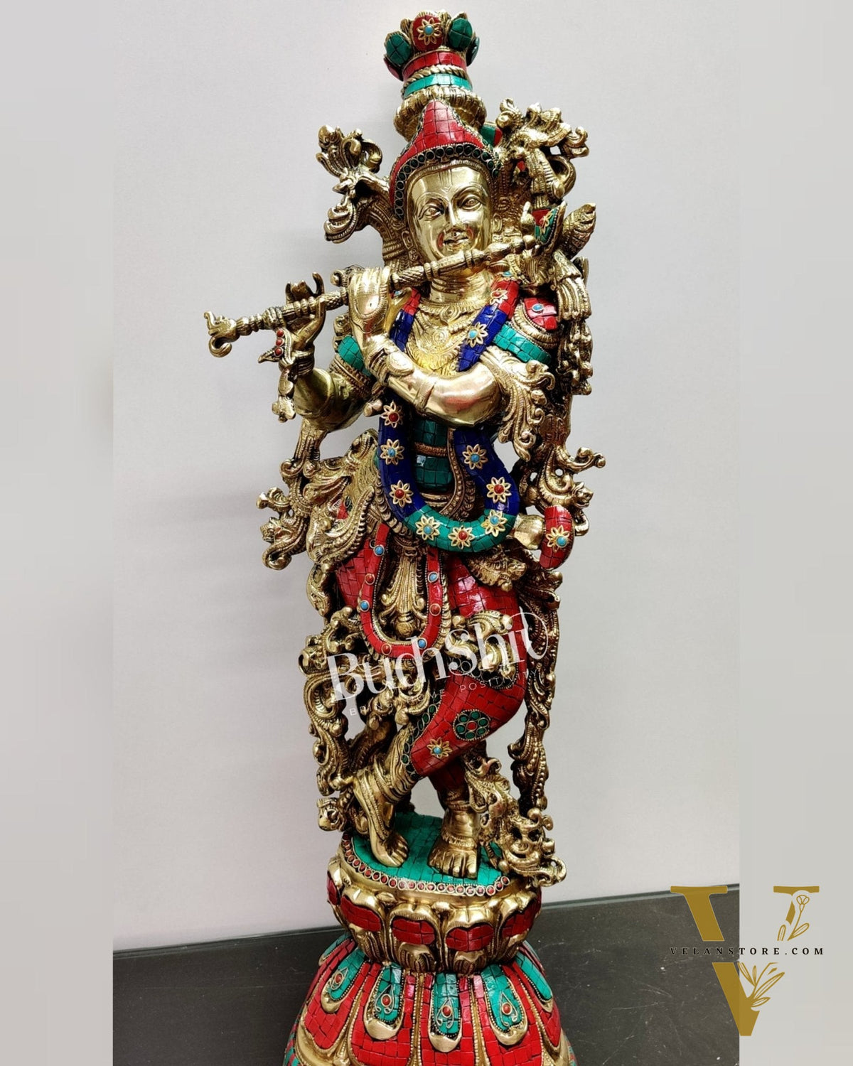 Krishna Brass Idol 29 inches | Unique Inlay Stonework | Handcrafted Brass idol