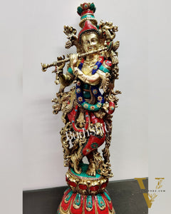 Krishna Brass Idol 29 inches | Unique Inlay Stonework | Handcrafted Brass idol