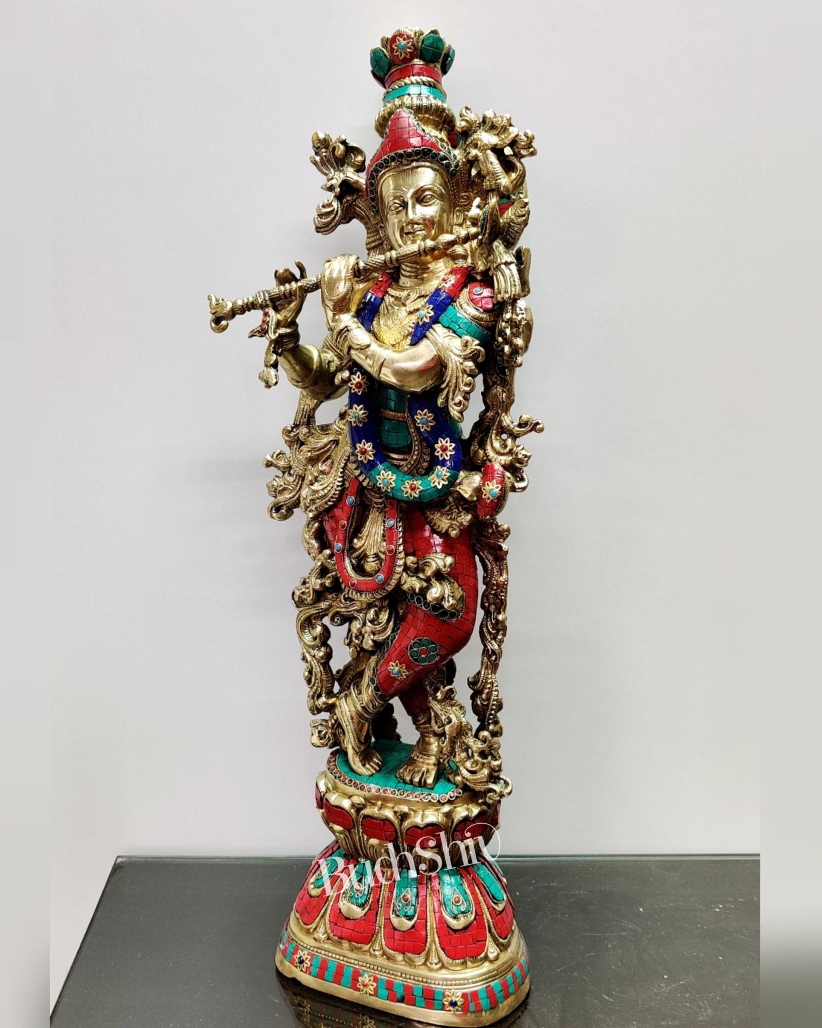 Krishna Brass Idol 29 inches | Unique Inlay Stonework | Handcrafted Brass idol