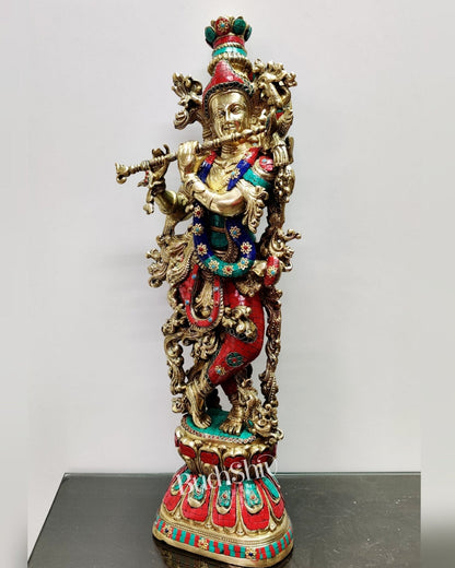 Krishna Brass Idol 29 inches | Unique Inlay Stonework | Handcrafted Brass idol
