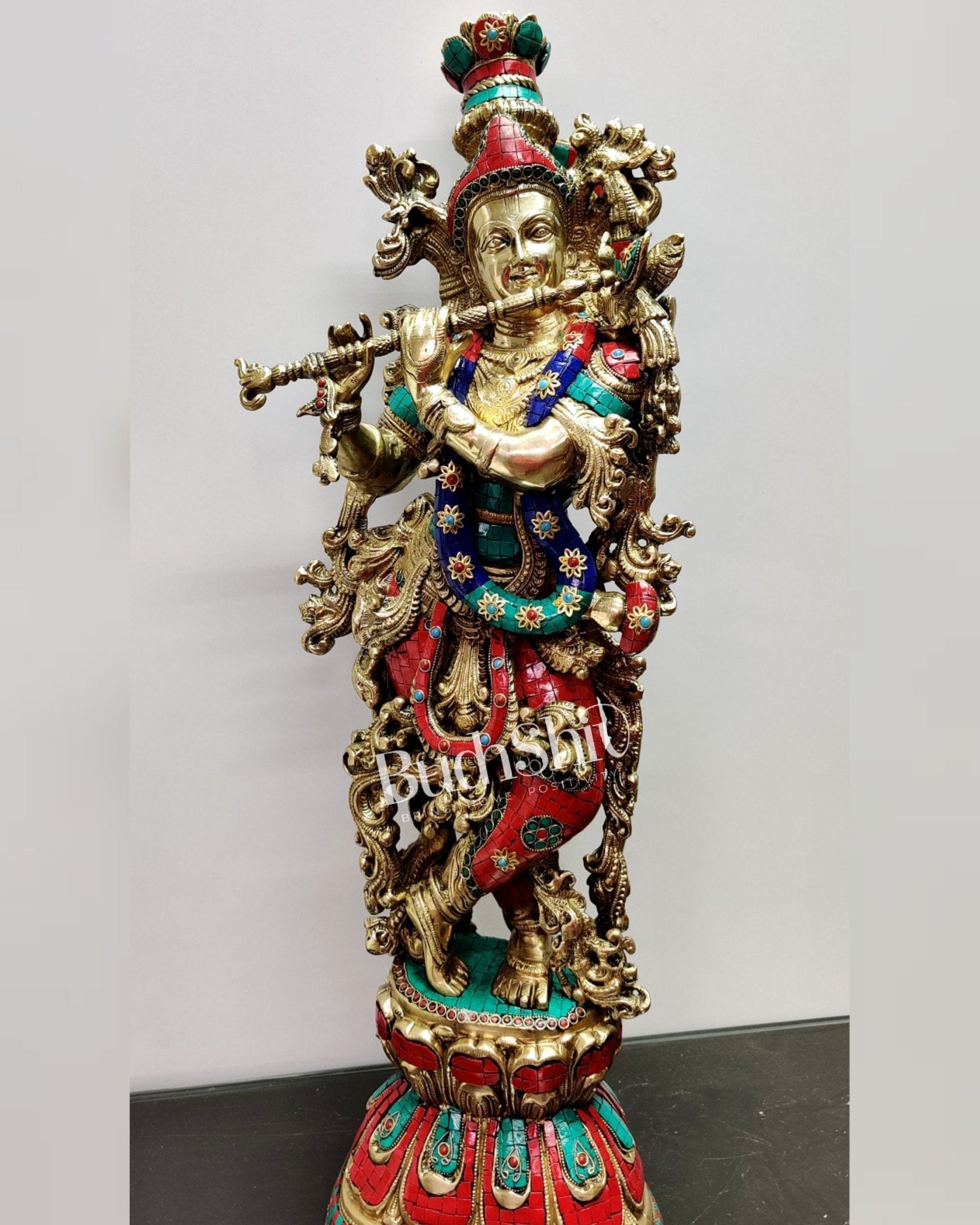 Krishna Brass Idol 29 inches | Unique Inlay Stonework | Handcrafted Brass idol