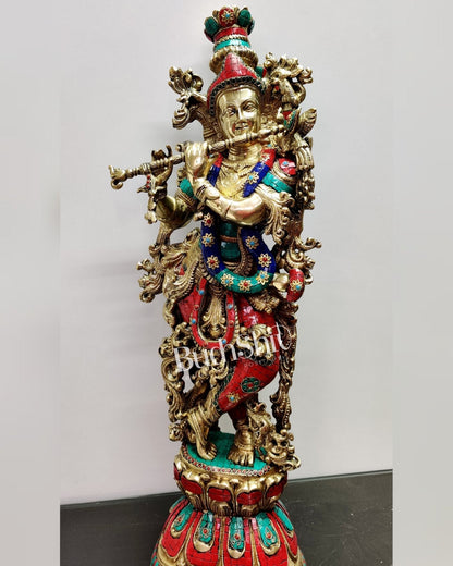 Krishna Brass Idol 29 inches | Unique Inlay Stonework | Handcrafted Brass idol