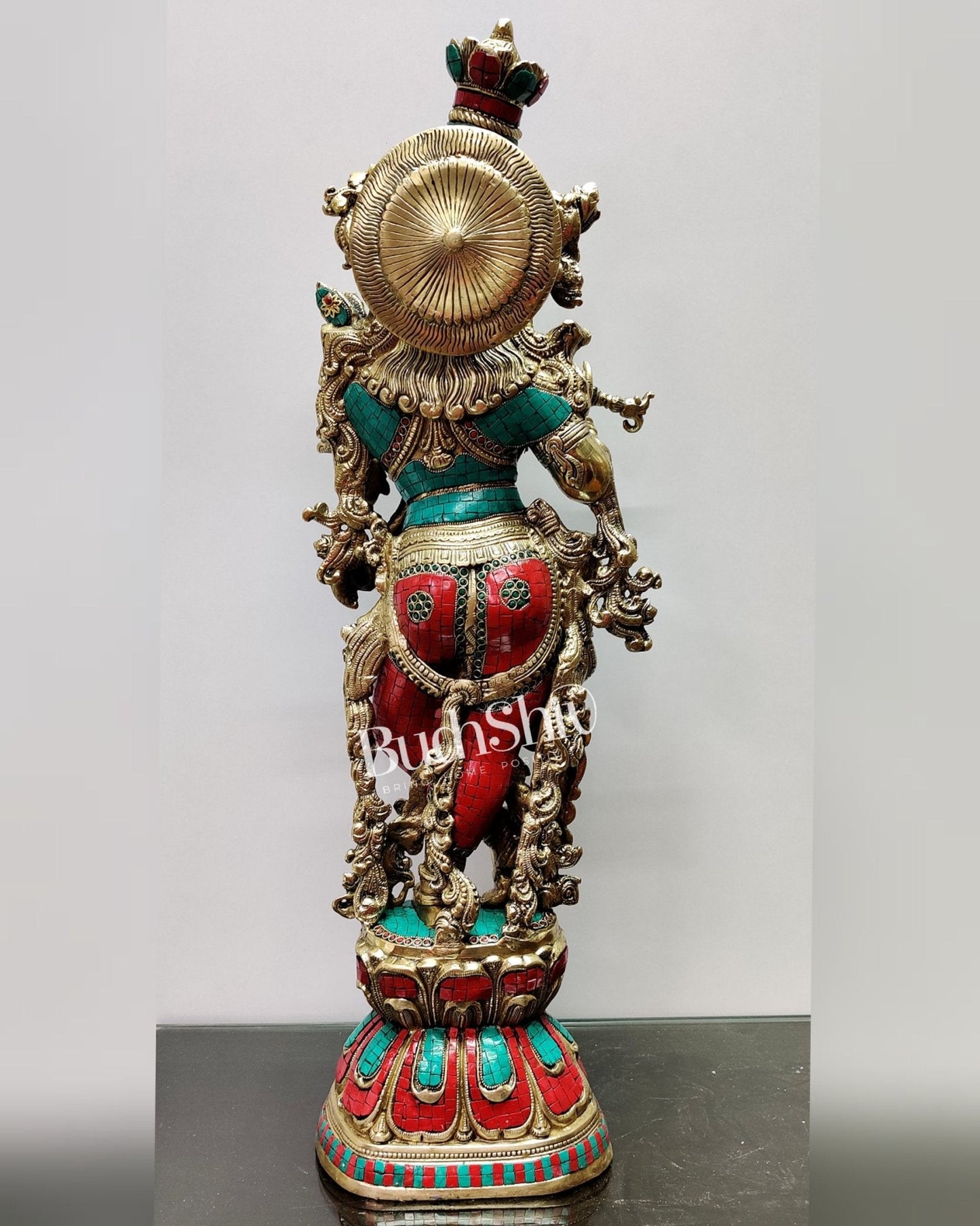 Krishna Brass Idol 29 inches | Unique Inlay Stonework | Handcrafted Brass idol