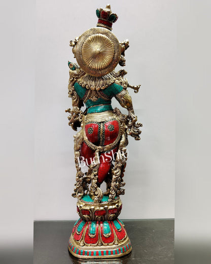 Krishna Brass Idol 29 inches | Unique Inlay Stonework | Handcrafted Brass idol