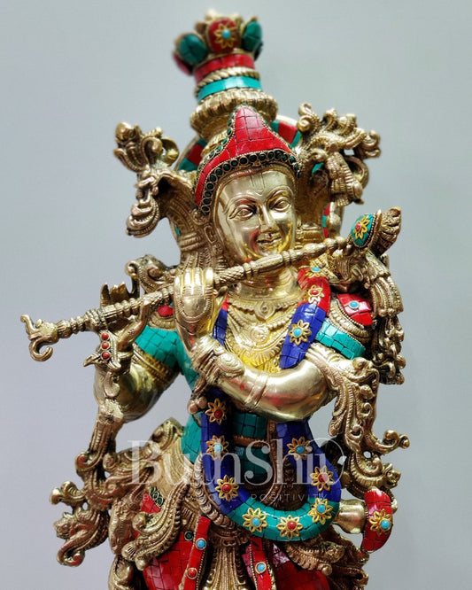 Krishna Brass Idol 29 inches | Unique Inlay Stonework | Handcrafted Brass idol