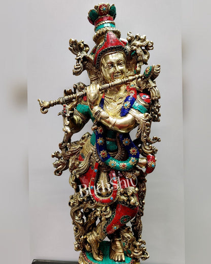 Krishna Brass Idol 29 inches | Unique Inlay Stonework | Handcrafted Brass idol