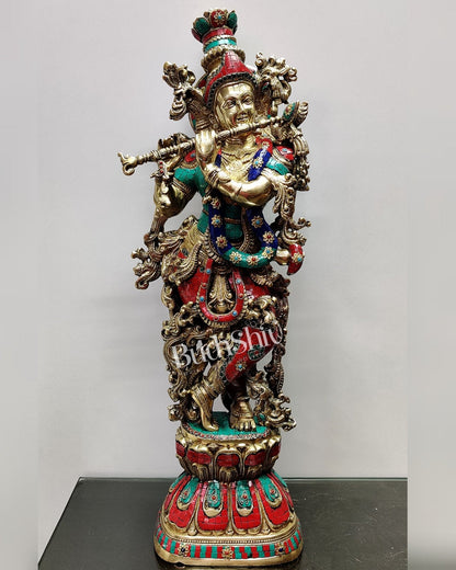 Krishna Brass Idol 29 inches | Unique Inlay Stonework | Handcrafted Brass idol