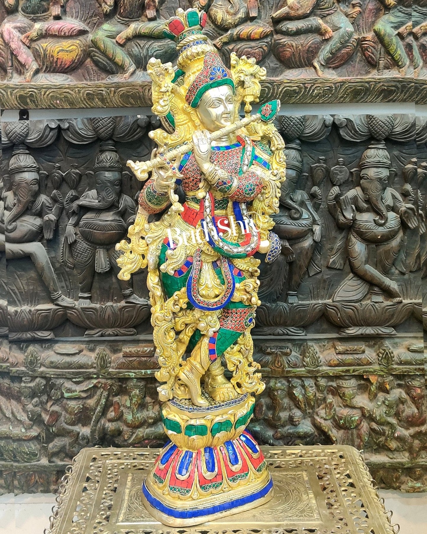 Krishna Brass Idol 29 inches | Unique Inlay Stonework | Handcrafted Brass idol