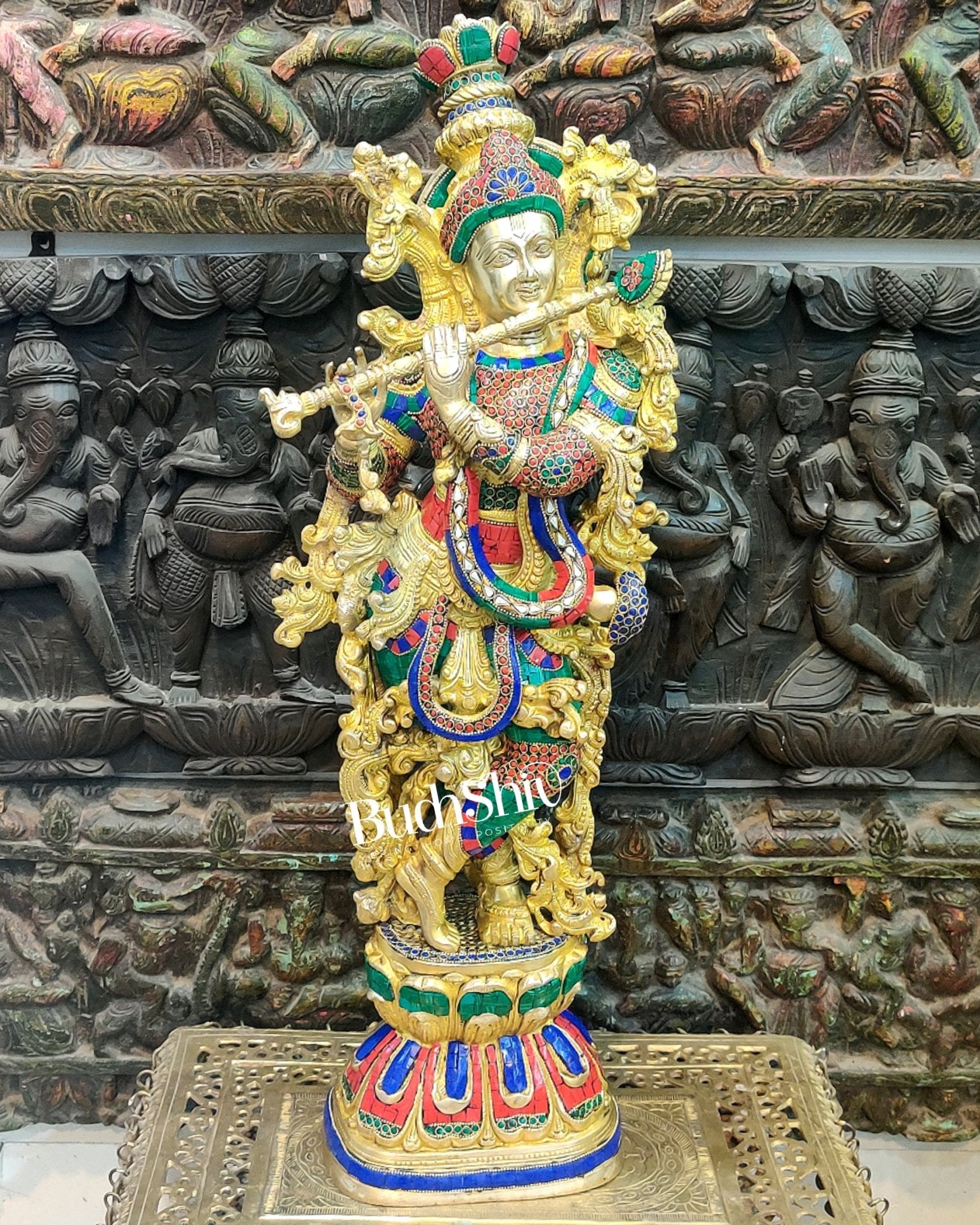 Krishna Brass Idol 29 inches | Unique Inlay Stonework | Handcrafted Brass idol