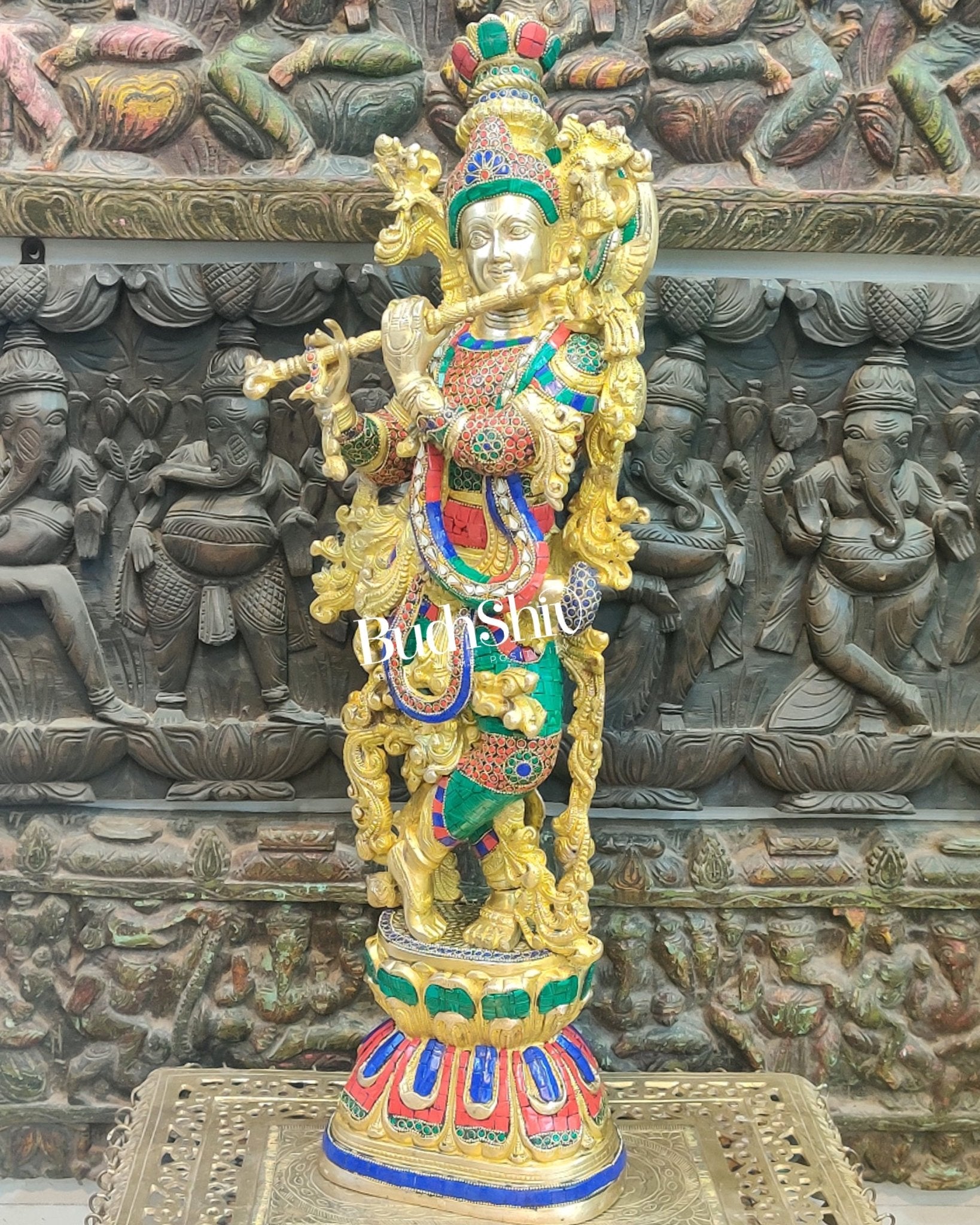 Krishna Brass Idol 29 inches | Unique Inlay Stonework | Handcrafted Brass idol