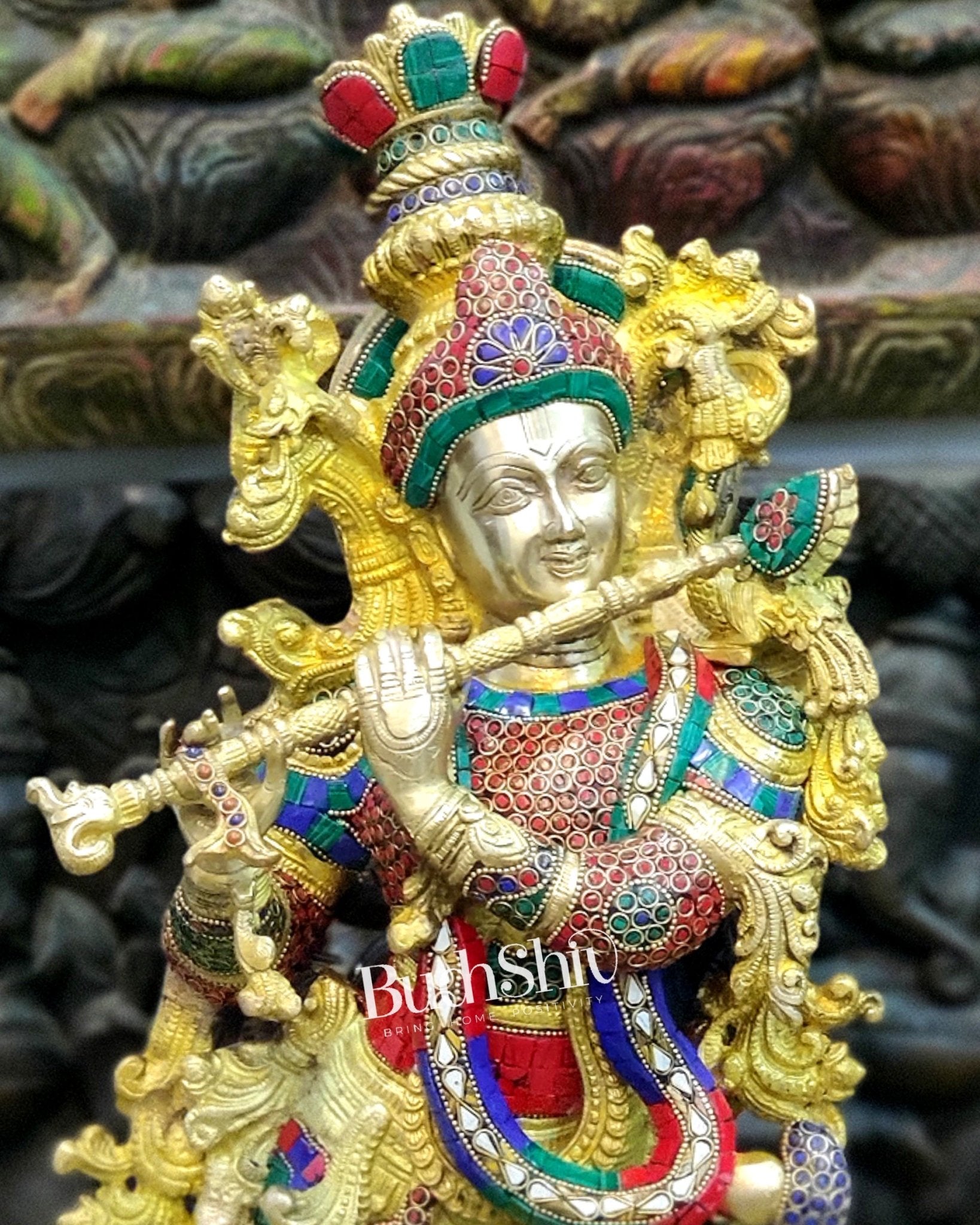 Krishna Brass Idol 29 inches | Unique Inlay Stonework | Handcrafted Brass idol