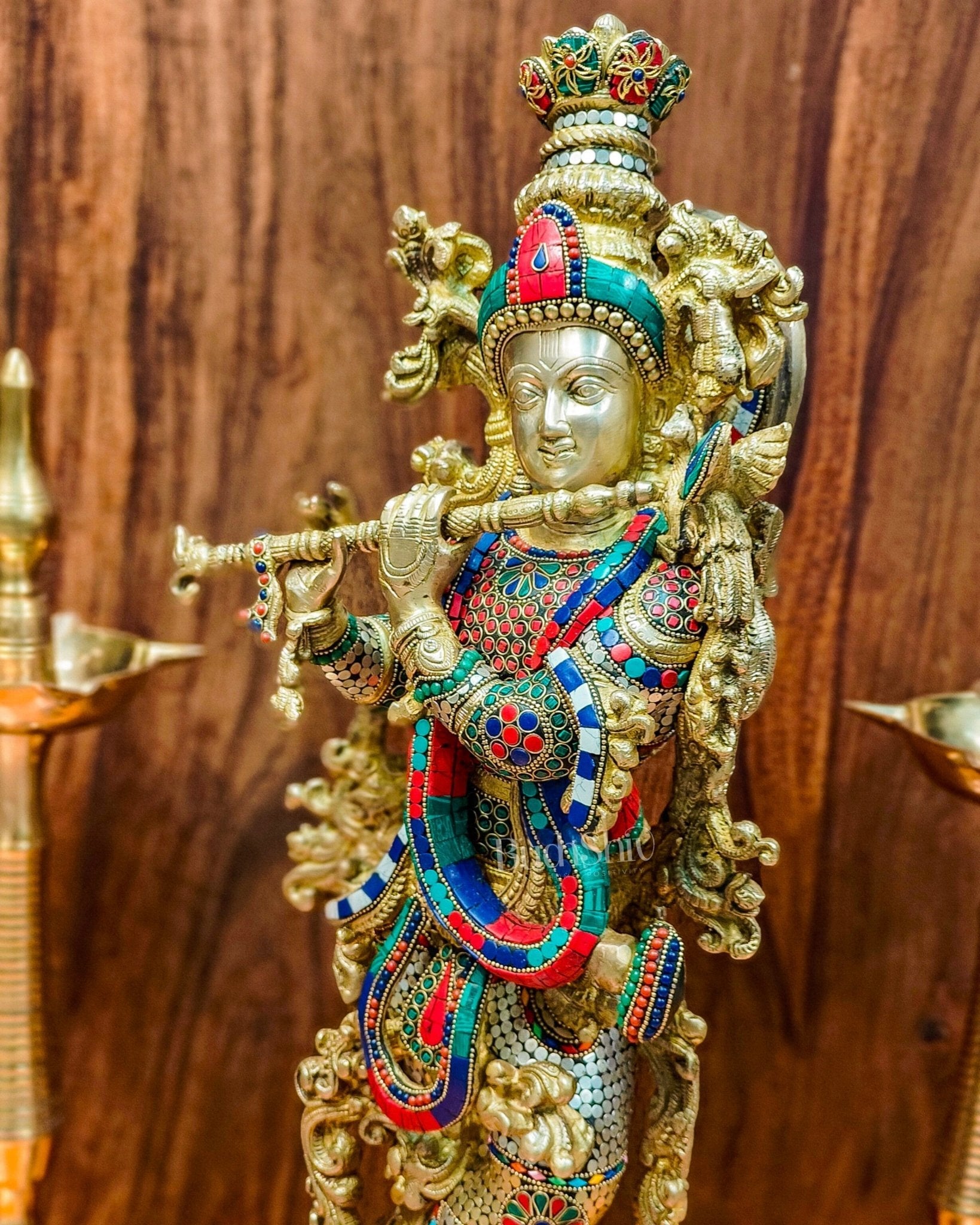 Krishna Brass Idol 29 inches | Unique Inlay Stonework | Handcrafted Brass idol