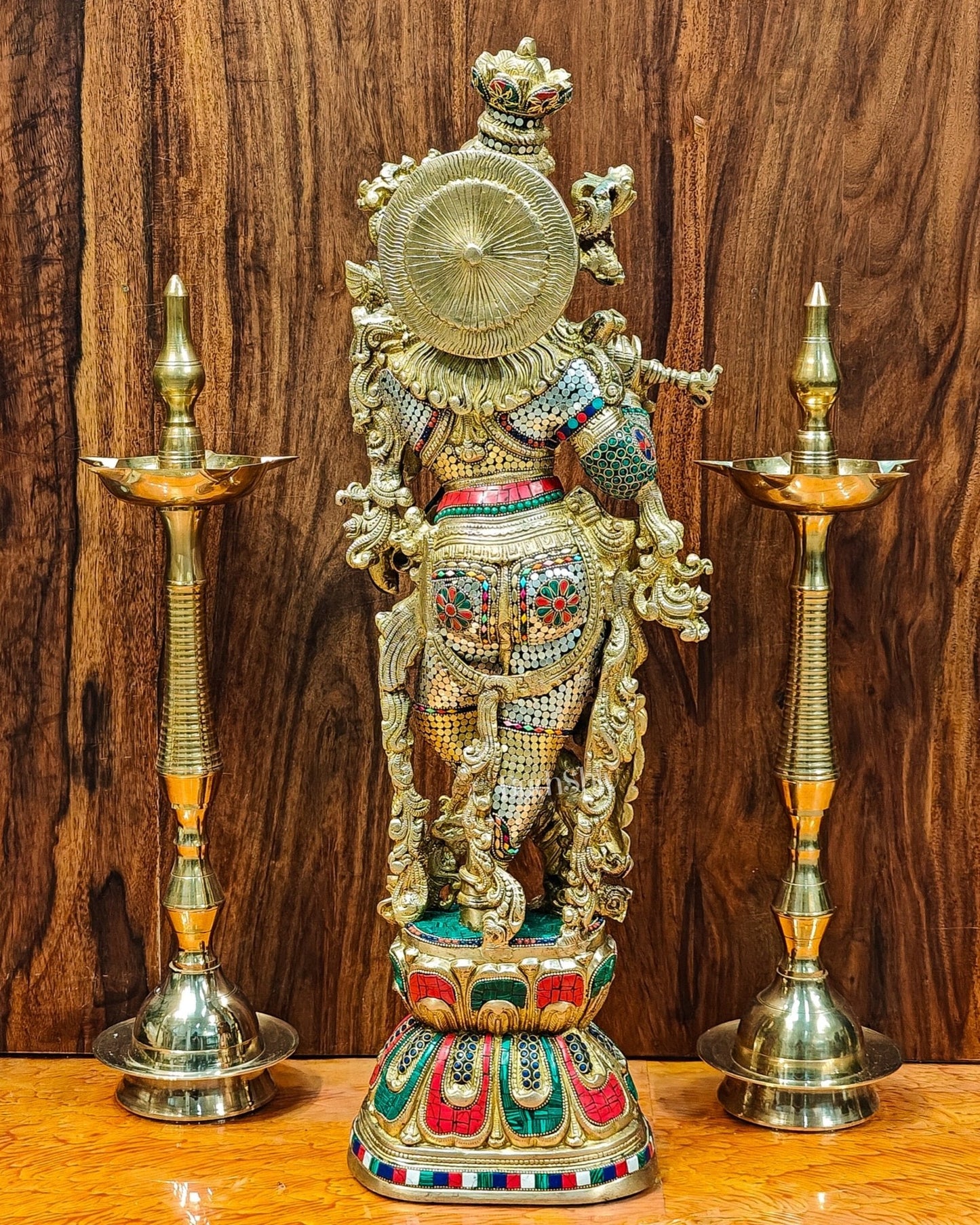 Krishna Brass Idol 29 inches | Unique Inlay Stonework | Handcrafted Brass idol