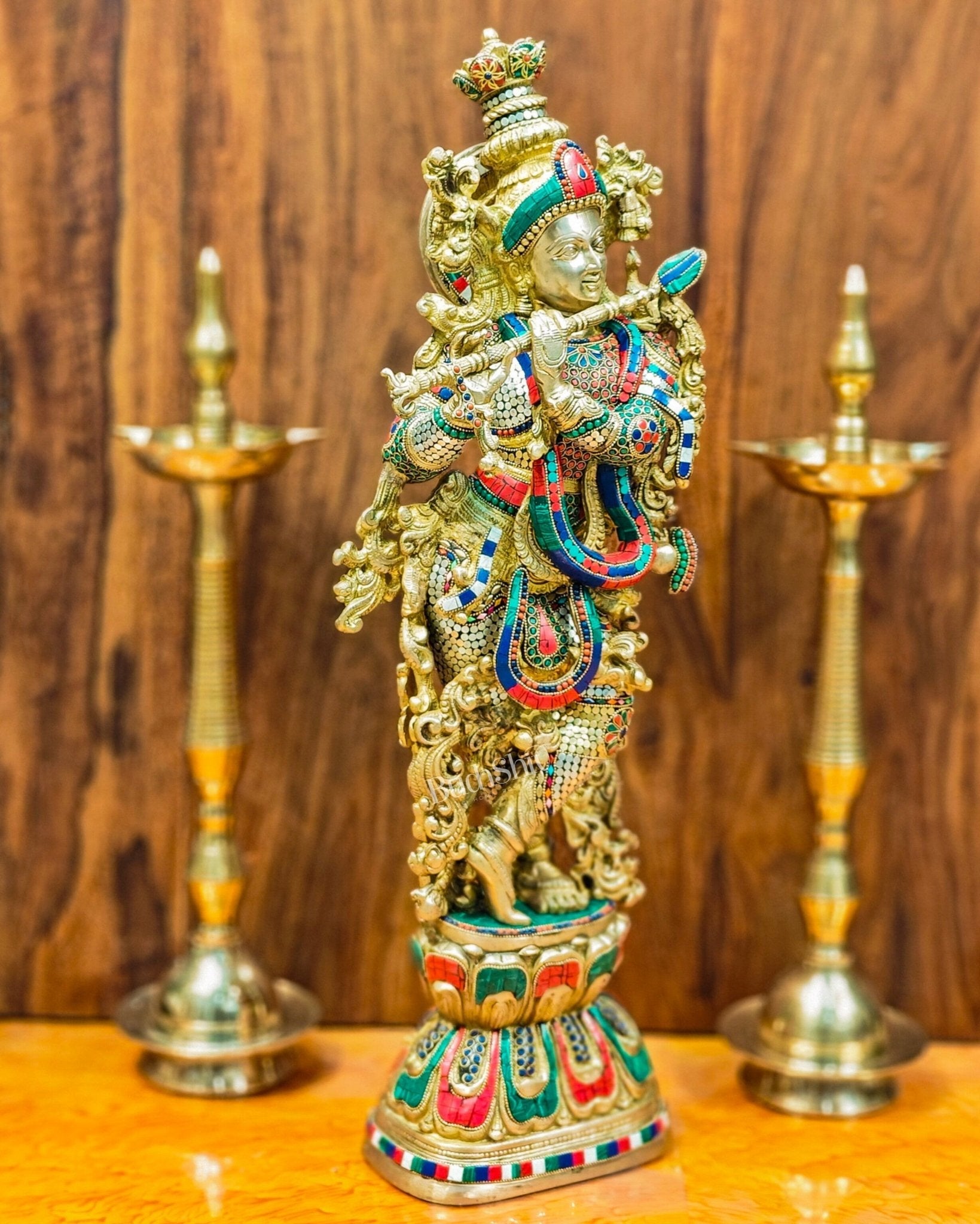 Krishna Brass Idol 29 inches | Unique Inlay Stonework | Handcrafted Brass idol