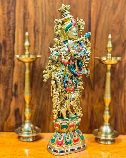 Krishna Brass Idol 29 inches | Unique Inlay Stonework | Handcrafted Brass idol