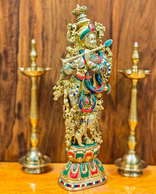 Krishna Brass Idol 29 inches | Unique Inlay Stonework | Handcrafted Brass idol